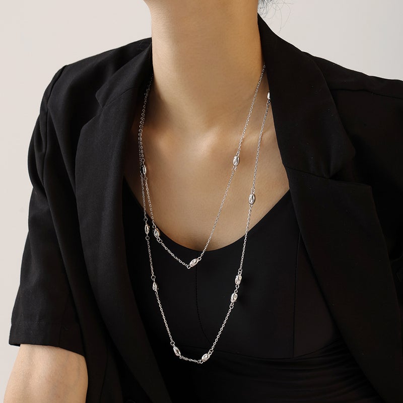 Niche Design Distinctive Long Double-Layer Stacked Bean Wearing Woolen Chain Women'S Simple All-Match Titanium Steel Clavicle Chain - Image 4